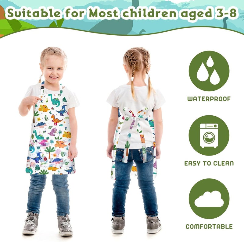 PLULON 4 Pcs Kids Aprons with Pockets Painting Apron for Kids, Dinosaur Kids Apron Adjustable Strap Dino Apron for Painting Cooking Baking Girls Boys Paint Dinosaur Party Supplies, 3-8 Years - Image 4
